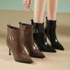 Модные женские зимние ботильоны большого размера на высоком тонком каблуке, для вечеринки, офисные, с острым носком, на молнии и с пряжкой, в стиле панк, короткие ботинки 2024 новинка