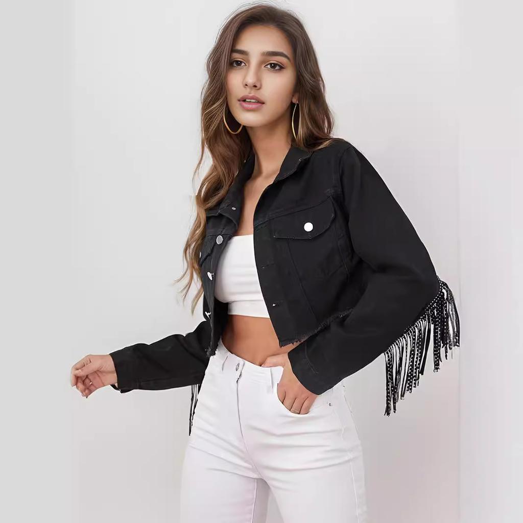 Весенне-осенняя женская джинсовая куртка с бахромой из бисера и необработанным краем. Короткая джинсовая куртка.