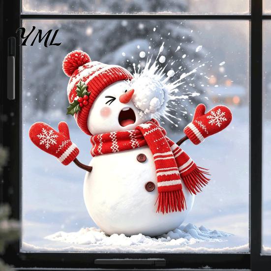 Snowball Fight Theme Stickers Christmas Snowman Static Window Cling, Funny Sticker, Reusable PVC Snowflake Xmas Glass Decal for Home Shop Holiday