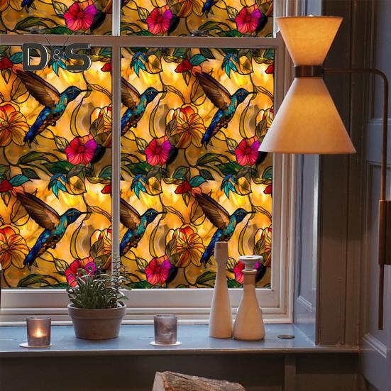 Stained Glass Static Window Film Vintage Flower Privacy Protection Sun Blocking Glass Cling Waterproof PVC Window Covering Film