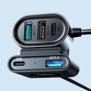 Joyroom High-Power 72W Dual Port Car Charger with 2xPD & 2xQC3.0, 1.5m USB-C Cable, Black Model JR-CL05