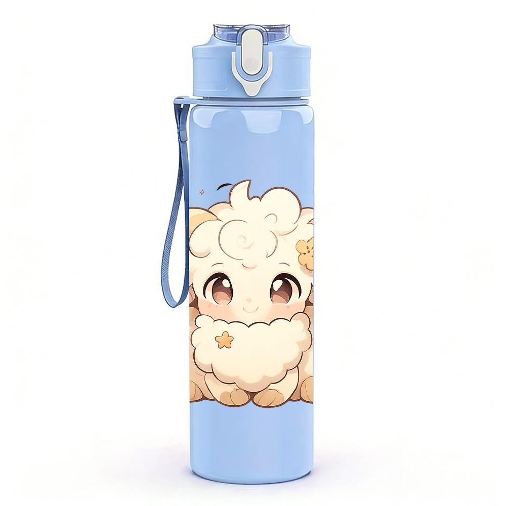1PC Fluffy White Lamb 750ml Color Plastic Sports Water Bottle Leakproof Flip Straw Lid Suitable for Sports Office Home Use