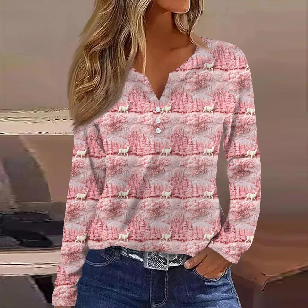Женская модная повседневная футболка с V-образным вырезом, на пуговицах, с длинным рукавом, с рождественским принтом