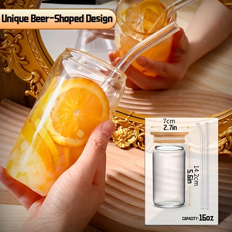 4 Pieces Drinking Glasses with Bamboo Lid and Glass Straw,500ml Canister Glasses for Beer,Iced Coffee,Soda Boba Tea Cocktails Cute Non-Tipping Glasses