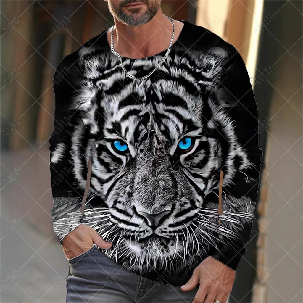 Design Trendy Men's Animal 3D Digital Printed Men's Round Neck Long Sleeved T-shirt Casual American T-shirt