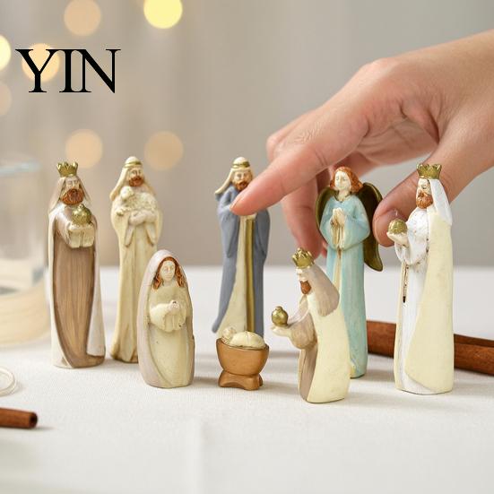 Religious Christmas Table Decor 8 Pcs Resin Nativity Figurines Set, Christian Scene Figures, Hand Painted Sculptures Tabletop Miniature Statues