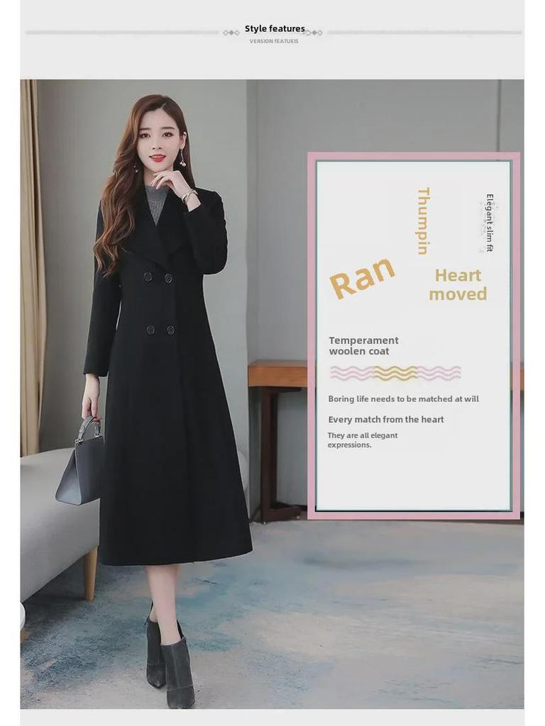 Женское шерстяное пальто выше колена 2024 года: Плотный, большого размера, с лацканами, с узкой талией, для весны и осени