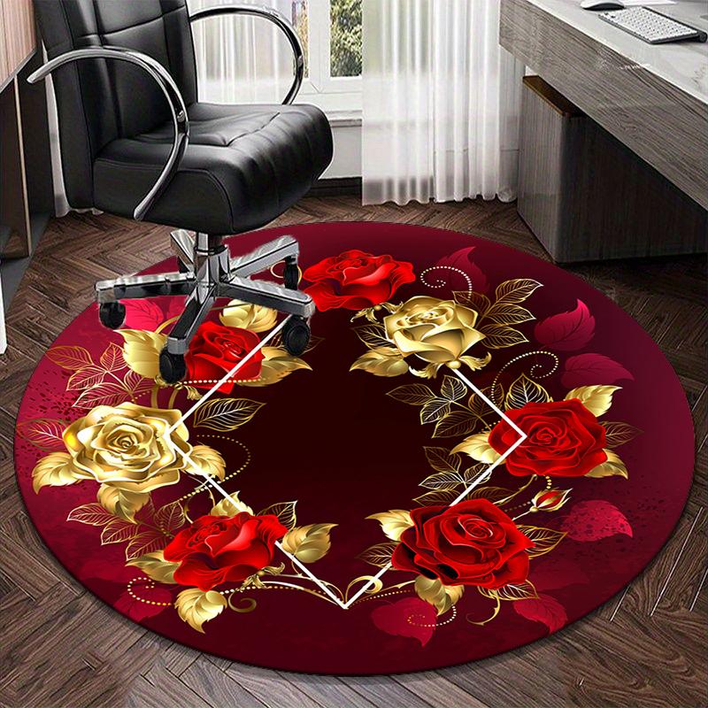 Golden Rose Wreath Design round carpet Chair cushion Round Entryway Rug, Soft Round Rugs for Living Room, Bedroom, Circle Carpet decor gifts