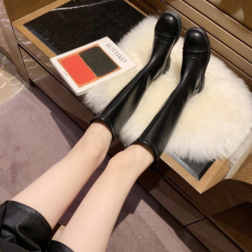 Flat Bottom Black White Elastic Boots Internet Celebrity Thin Boots Knee Boots High Boots Women's 2021 Autumn and Winter New