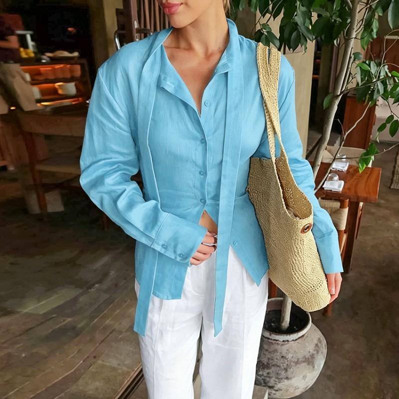 Womens Linen Cotton Wrap Tie Waist Shirt 2026 Elegant Office Wear Long Sleeve Button Up