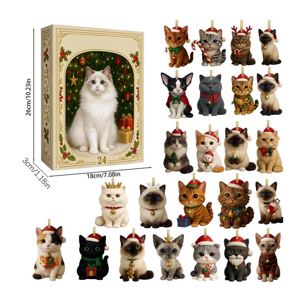 Advent Cat Calendar 2026 Christmas Advent 24-Day Cute 2d Cat Pendant Decorative Charm Countdown Calendar for Pet Lovers