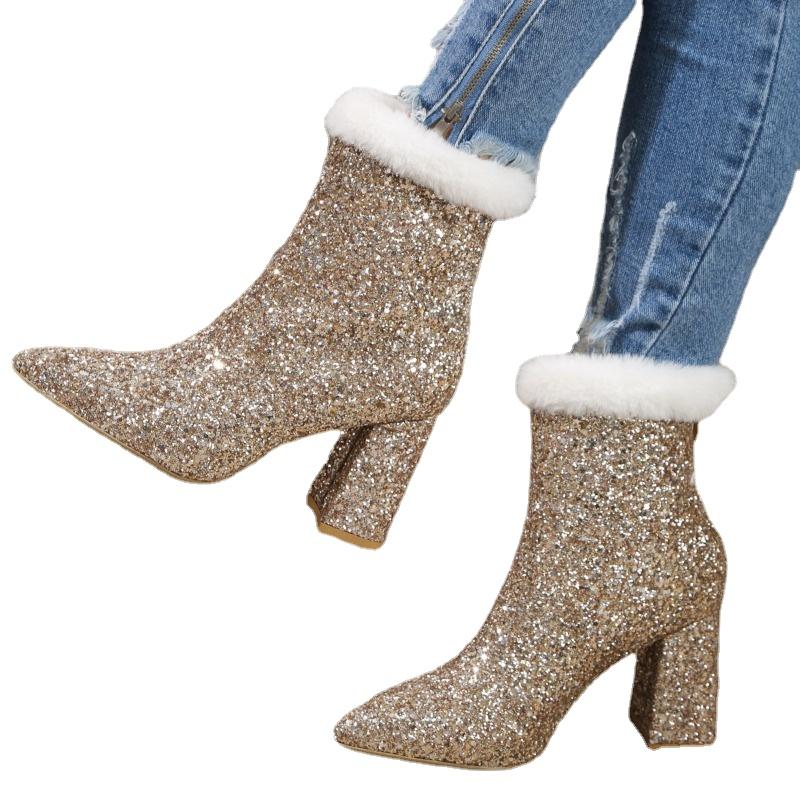 Женские серебристые ботильоны с пайетками, корейская мода, плюшевые, с острым носком, на высоком каблуке, короткие ботинки, зимняя, рождественская, повседневная обувь на платформе