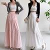 Women Maxi Skirt Elastic High Waist Ruffle Stitching Large Hem Long Skirt Solid Color A-Line Summer Casual Skirt