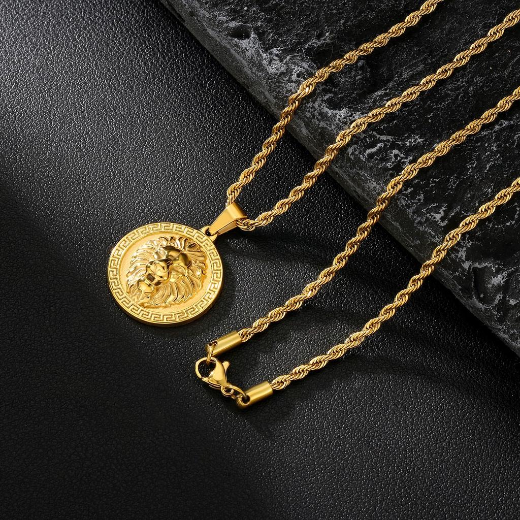 Coin Necklace Lion Pendant with Width French Rope Chain Medal Necklace Gold Surgical Stainless Steel Hypoallergenic Amulet Accessory Unisex Gift