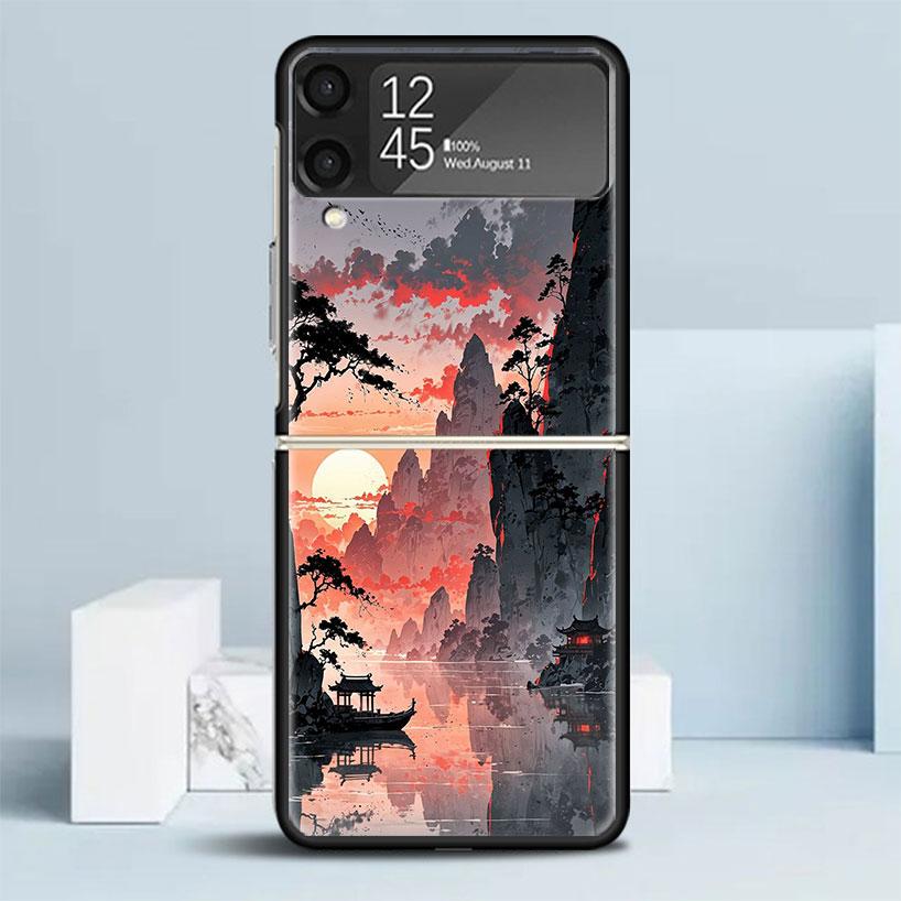 Черный Чехол в Китайском Стиле с Рисунком Чернилами для Телефона Samsung Galaxy Z Flip 7 6 5 4 3 5G Чехол Flip7 Flip6 Flip5 Flip4 Flip3 Patte
