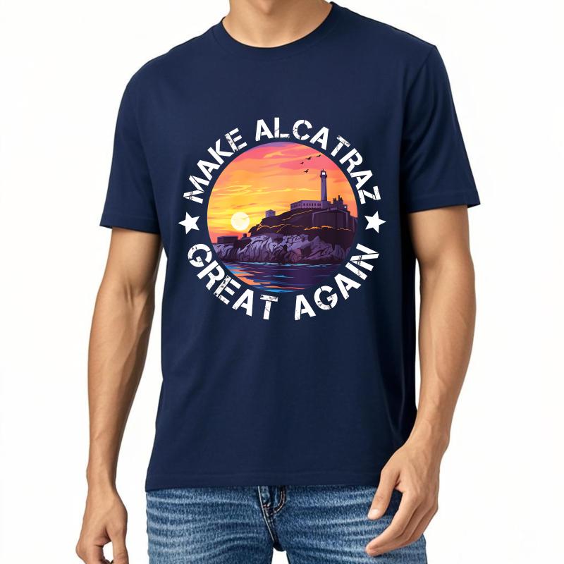Casual Summer Women T Shirt Make Alcatraz Great Again Sunset Island Scene Short Sleeve Printed Crew Neck Tops Teeshirt For Man