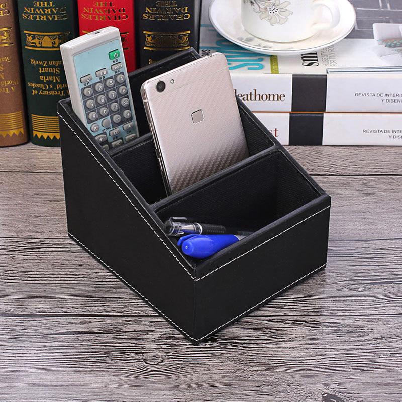 PU Leather Remote Control Holder Desktop Organizer Storage Box For TV Guide Mail Phone Office Sorting Lattice Cosmetic Pens Rack