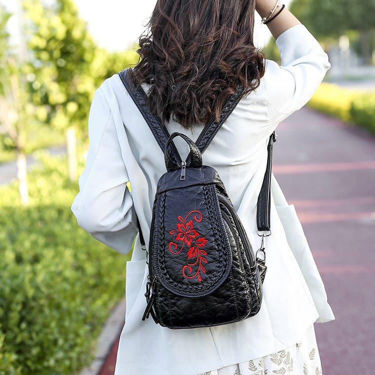 Embroidered Chest Bag, Women's New Fashionable Washed PU Bag Large Capacity Lightweight Shopping and Travel Backpack