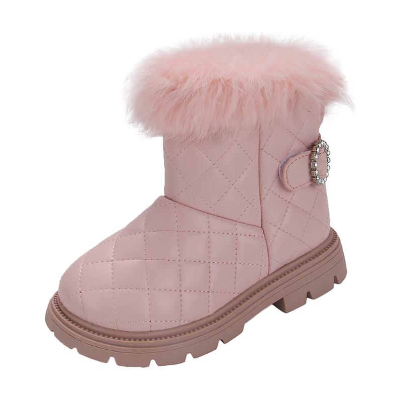 Children's Snow Boots Elegant Plush Solid Color Kids Rhinestones Short Boots Fashion Girls Catwalk Boots All Match 2024 Winter