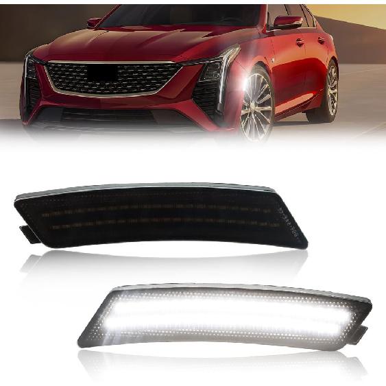 LED Front Side Marker Lights Assembly for Cadi-llac 2020 2021 2022 2023 2024 CT5 Front Bumper Marker Signal Lamps, Replace OEM Smoked Lens White LED