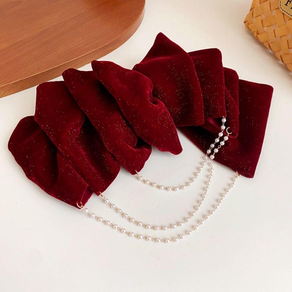 Cloth Red Velvet Bow Hair Clip Rhinestone New Year Hairpin Bowknot Spring Clip Ponytail Holder