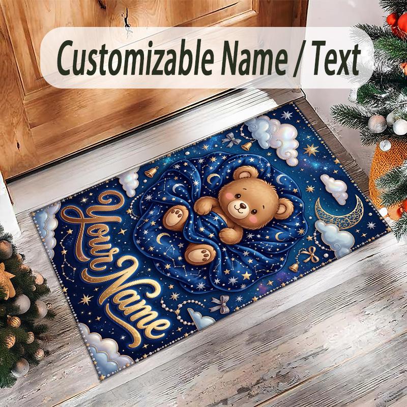 Teddy Bear Theme Crystal Velvet Rug Personalized Custom Name Text Soft Floor Mat Home Decor