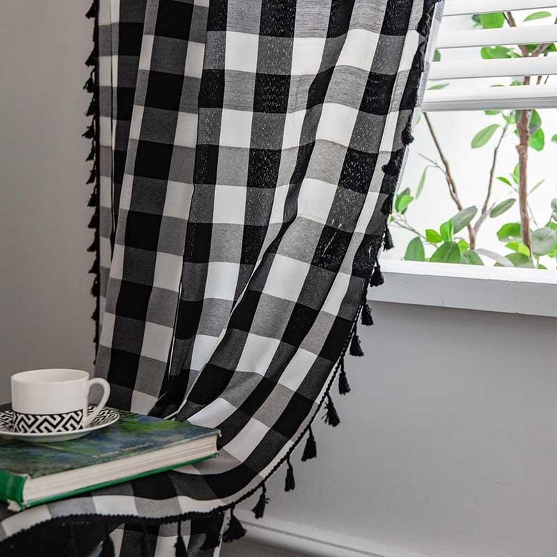 Cotton Linen American Plaid CurtainThick with Tassels Curtains for Living Room Drape Kitchen Valance for The Luxury Living Room