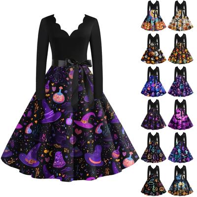 Женское повседневное и модное платье с V-образным вырезом и длинными рукавами с принтом на Хэллоуин