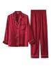 Long 3 Dark [Yumekairou] Women's Pajamas, 100% Silk, Satin, Sleeve, Simple, Bicolor, Plain, Piping, Colors, M-XL (L, Red)