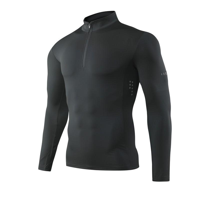 Mens Long Sleeve Workout Shirts Elastic Quick Dry Zip Stand Collar Athletic Training Tops Fitness Running