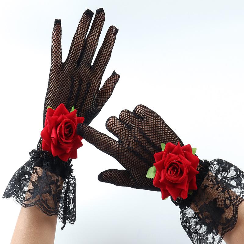 Mesh Flower Etiquette Gloves Fingered Short Mesh Lace Decorative Gloves