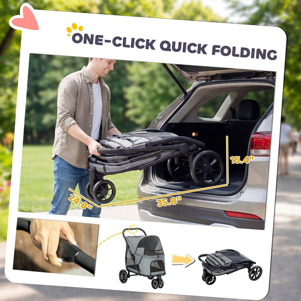 Dog Stroller, 3 Wheels Pet Stroller with Dual Entry, Easy One-Click Quick Fold, Mesh Windows, Washable Cushion