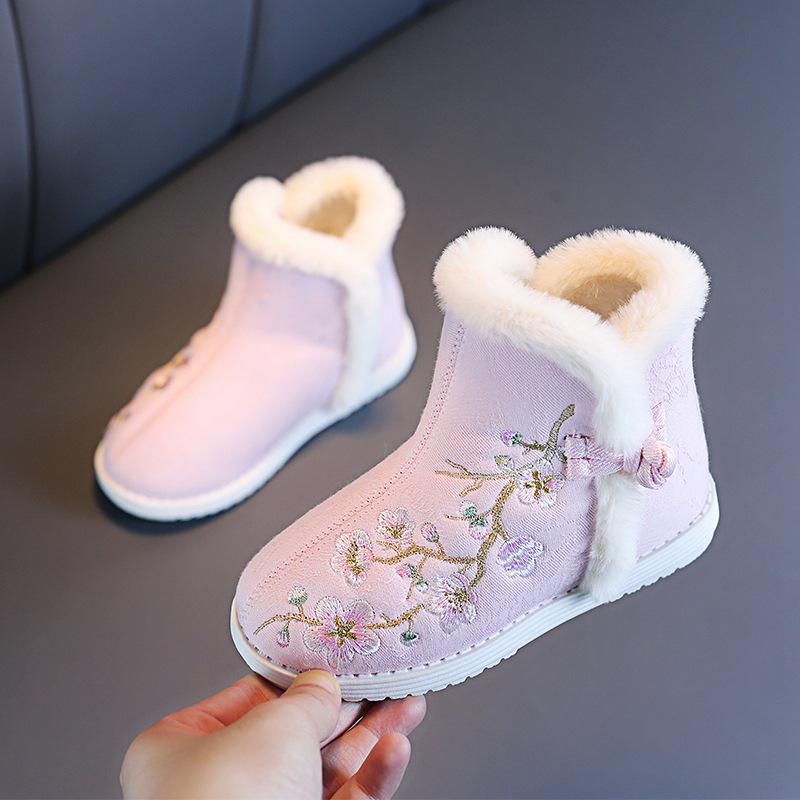 Зимние сапоги для девочек из бархата 2024 года — зимняя обувь в стиле ханьфу с вышивкой для детей