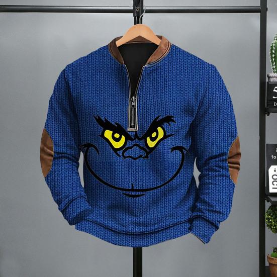 Весна Осень Мужской Топ На Молнии Полуоткрытый V-образный Вырез 3D Мультяшный Принт Лоскутные Рукава Плюс Размер