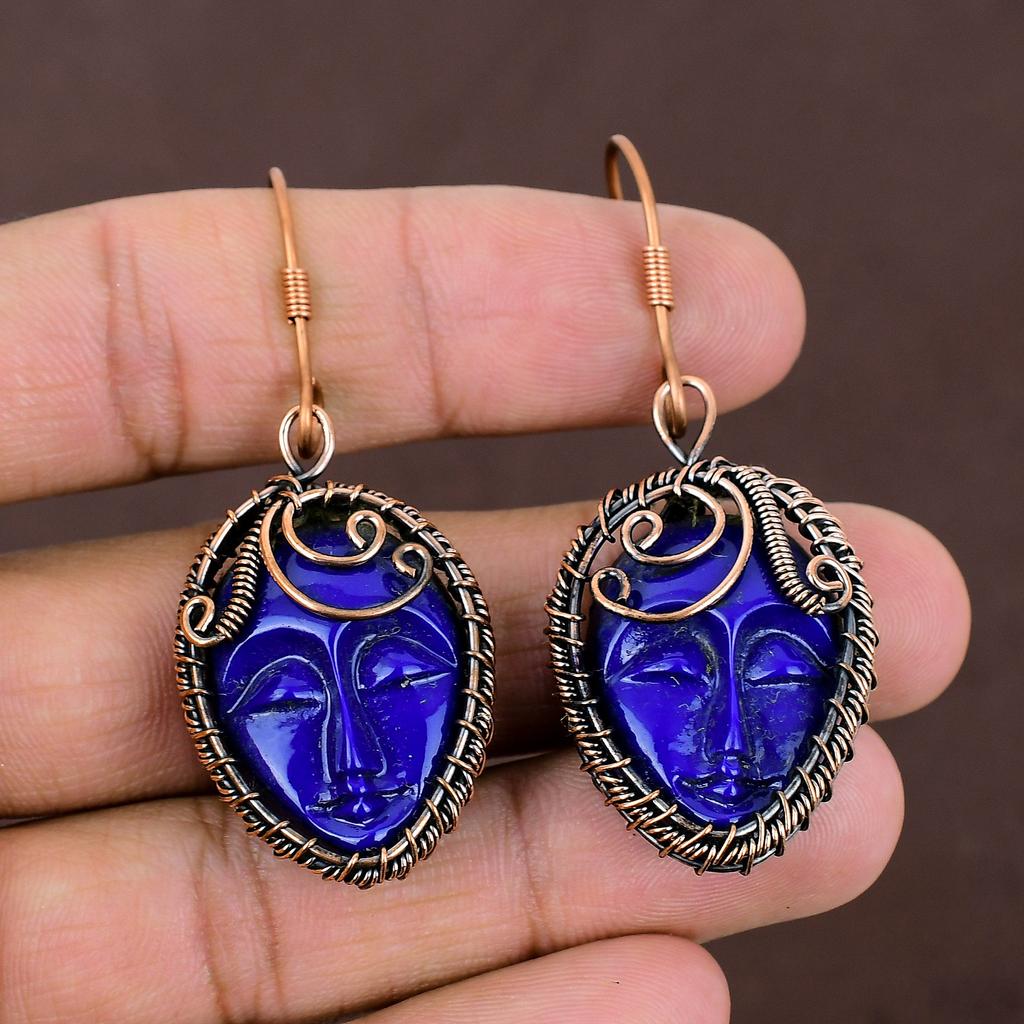 Natural Blue Cameo Face Gemstone Handmade Copper Wire Wrap Earring 2.44 O7o44