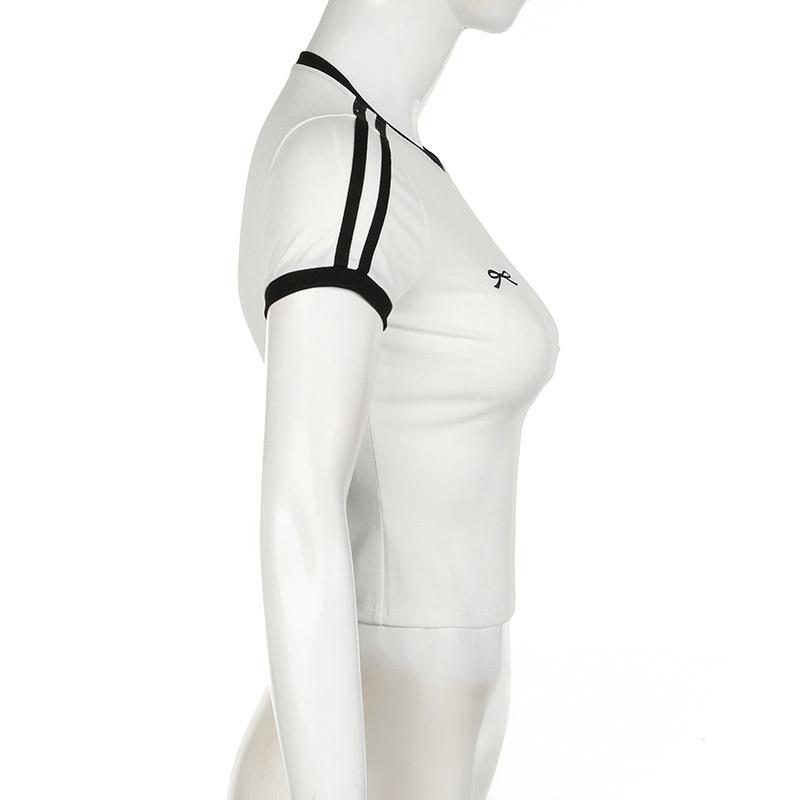 Контрастный вышитый топ-кроп с бантом Женские повседневные футболки с принтом в полоску, с коротким рукавом, облегающие, белые Футболки Повседневная уличная одежда y2k Футболки