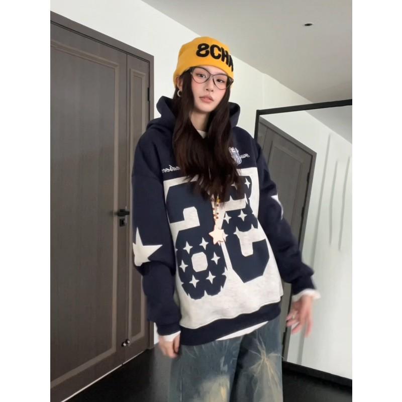 Korean Street Style Loose Fit Hooded Sweatshirt Couple Matching Printed Casual Top