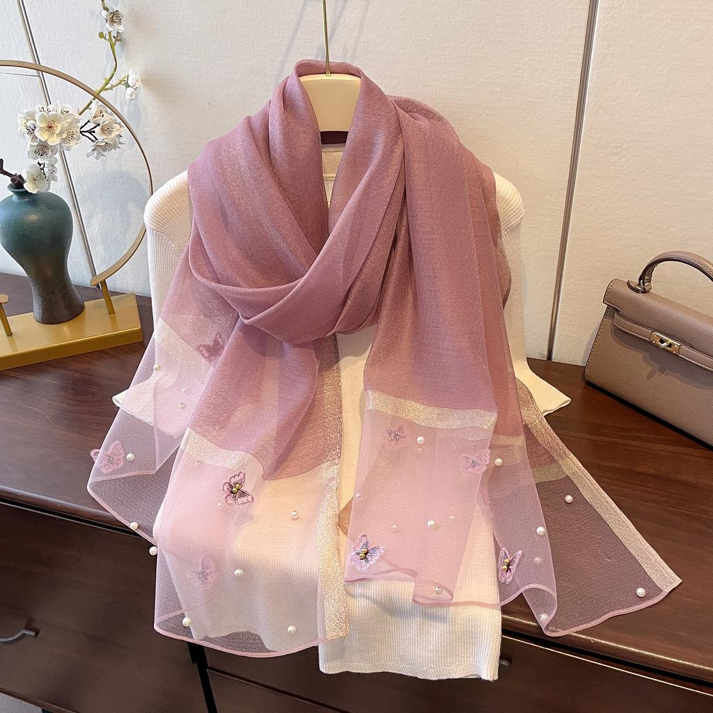New Versatile Shawl Imitation Silk Thin Silk Scarf for Women Spring and Summer Butterfly Pearl Light Luxury Fashionable Warm Neck Protection Shawl