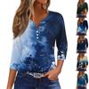Women's Fashion Casual Floral Print V-Neck Decorative Button Three-quarter Sleeve T-Shirt Top