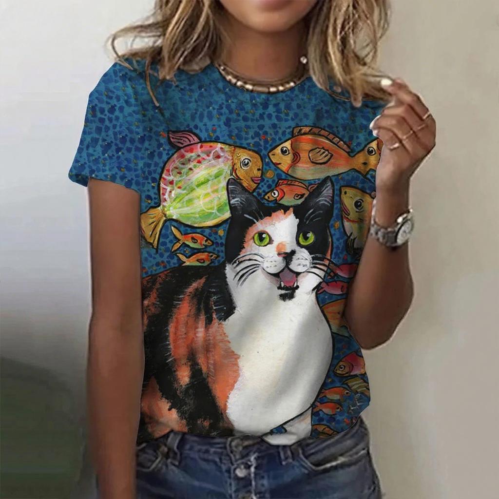 Летний топ с круглым вырезом, 3D-принтом милого кота каваи, модная повседневная женская футболка с коротким рукавом