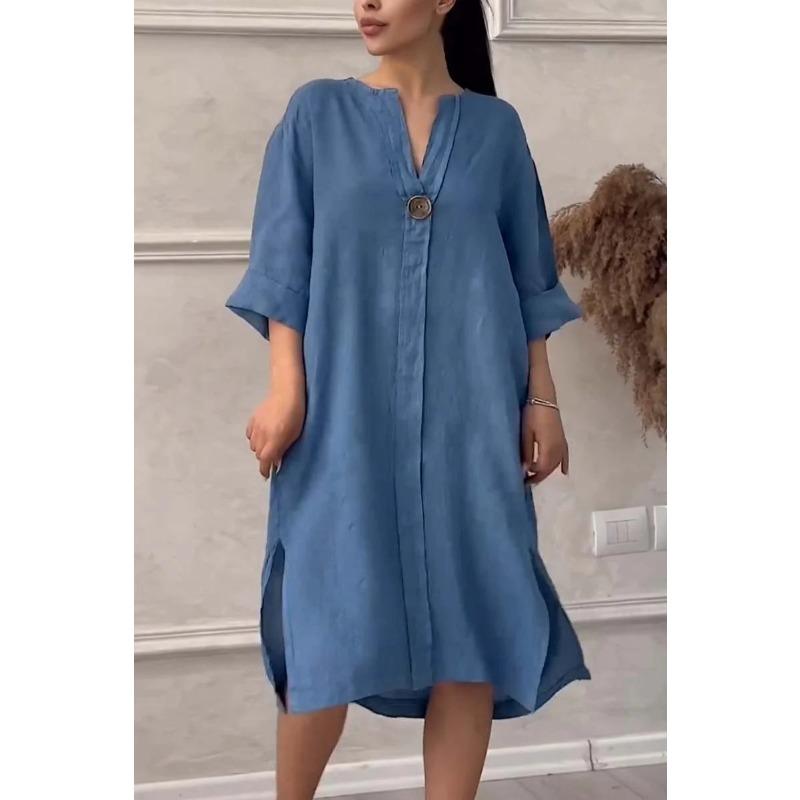 Summer Women's Dress Plus Size Solid Colour Casual Round Neck Button Long Dresses