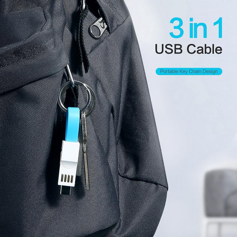 VAORLO Портативный мини-брелок 3 в 1, USB-кабель Micro USB Type C для iPhone, быстрое зарядное устройство, кабель для синхронизации данных, зарядный кабель Cabo USB-кабель