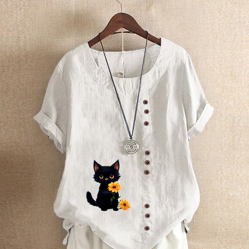 Женская модная футболка с коротким рукавом и милым принтом в виде кошачьего цветка, свободная хлопковая рубашка, повседневная свободная летняя блузка, топы больших размеров