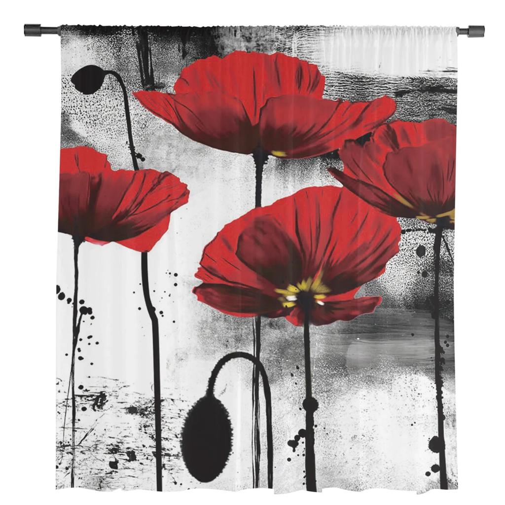 Тюль с рисунком мака и красным цветком, тюлевые шторы для гостиной, спальни, современная вуаль, кухонные шифоновые прозрачные шторы
