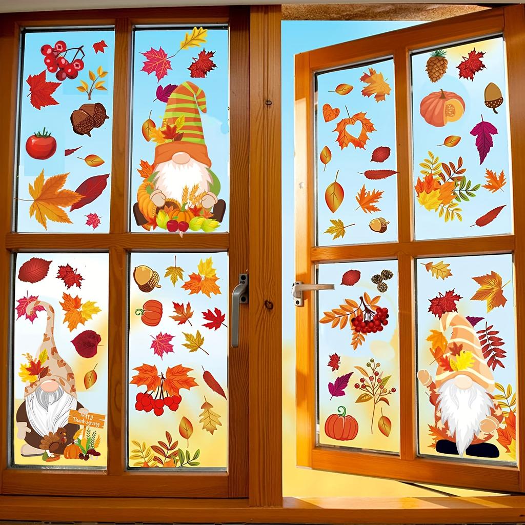 Thanksgiving Autumn Decoration Window Stickers,Self-adhesive Decorations Glass Window Pictures Autumn Leaves and dwarves Sticker