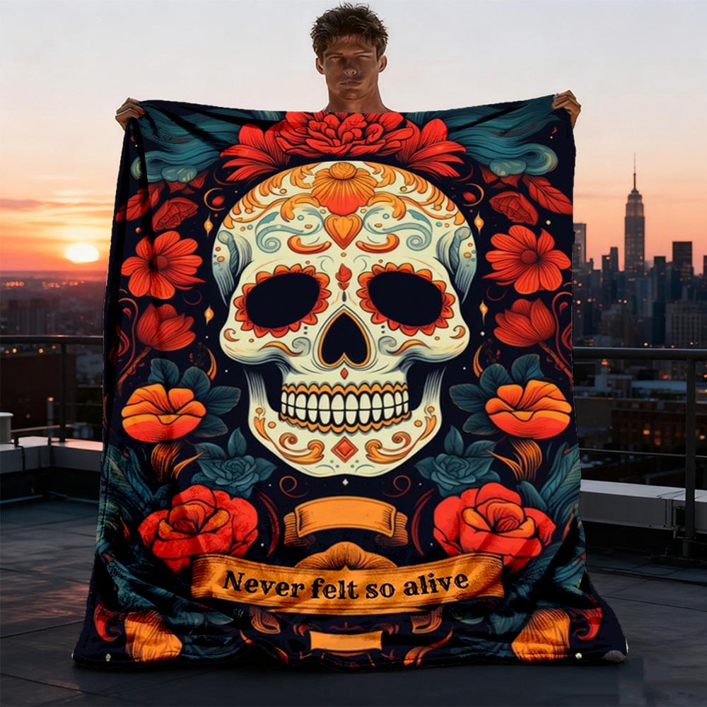 1pc Sugar Skull Decor Throw Blanket Polyester Fiber, Lightweight Flannel, Soft & Warm, All Season Use for Outdoor, Camping Digital Print