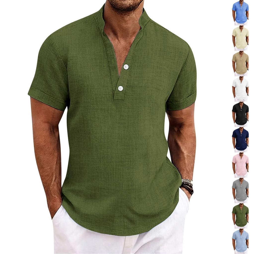 Men's Stand-up Collar, Half-open Jacket, Linen Short-sleeved Shirt