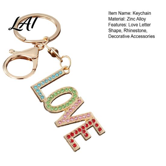 Bag Accessory Love Letter Keyhcain with Rhinestones Zinc Alloy Car Key Ring Pendant Pendant Backpack Handbag Purse Charm Decoration Metal