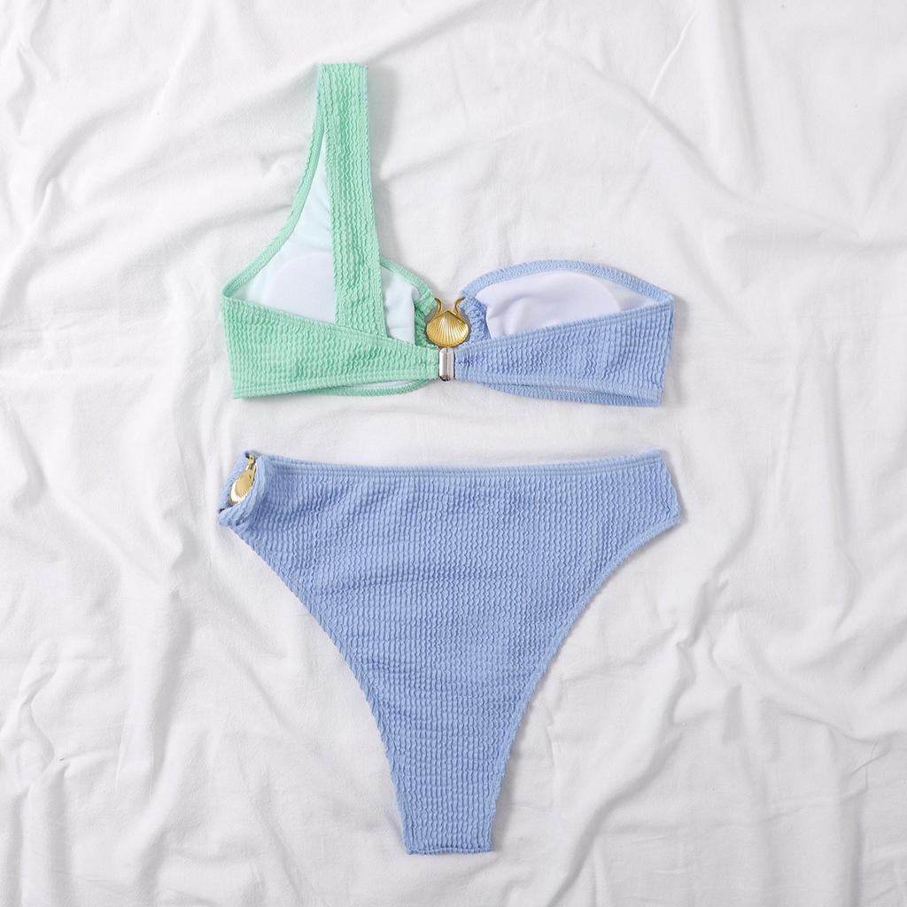 Сексуальное бикини на одно плечо, текстурированный купальник, женский купальник с высоким вырезом, женские купальные костюмы, однотонный комплект бикини с блокировкой