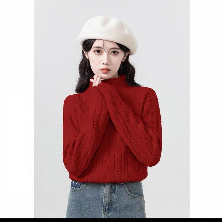 2026 Autumn Women's Cable Knit High-Neck Loose Pullover - Korean Gentle Style